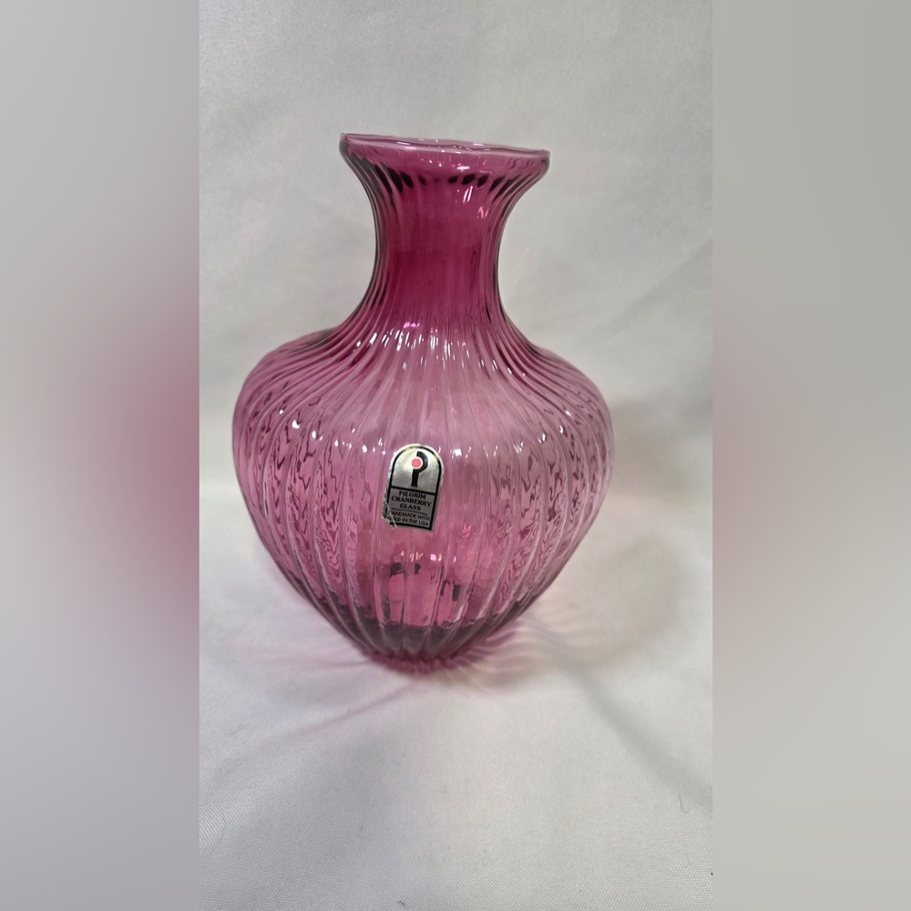 Pilgrim Cranberry Glass Vintage 8 Inch Ribbed Vase Handmade In The USA